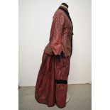 A two piece Victorian silk and velvet outfit in burgundy with rose pink stripe, alternations to