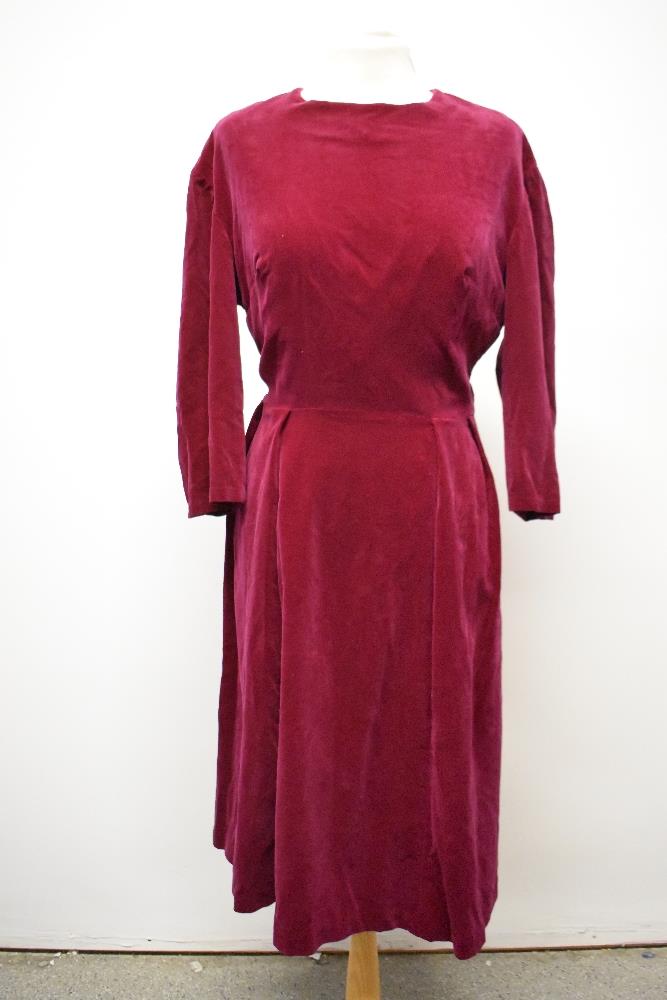 The most wonderfully coloured mulberry/deep cerise velvet 1950s day dress having pleats to skirt,