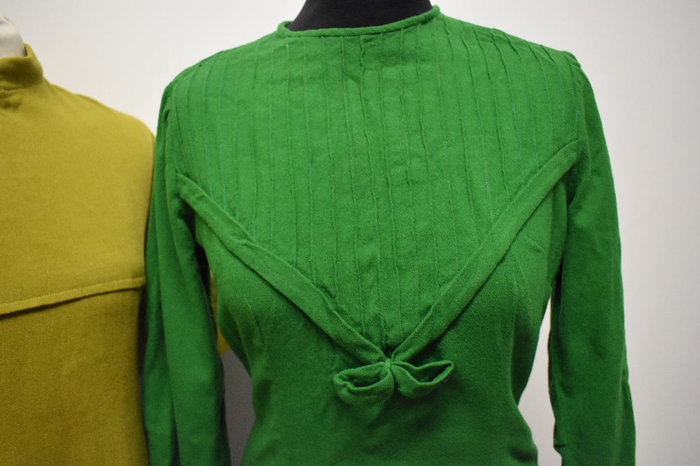 Two wool day dresses, chartreuse 1960s mini dress and emerald green late 50s/60s dress with bow to - Image 3 of 5