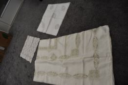 Three antique tablecloths, including very large extensively detailed linen example.