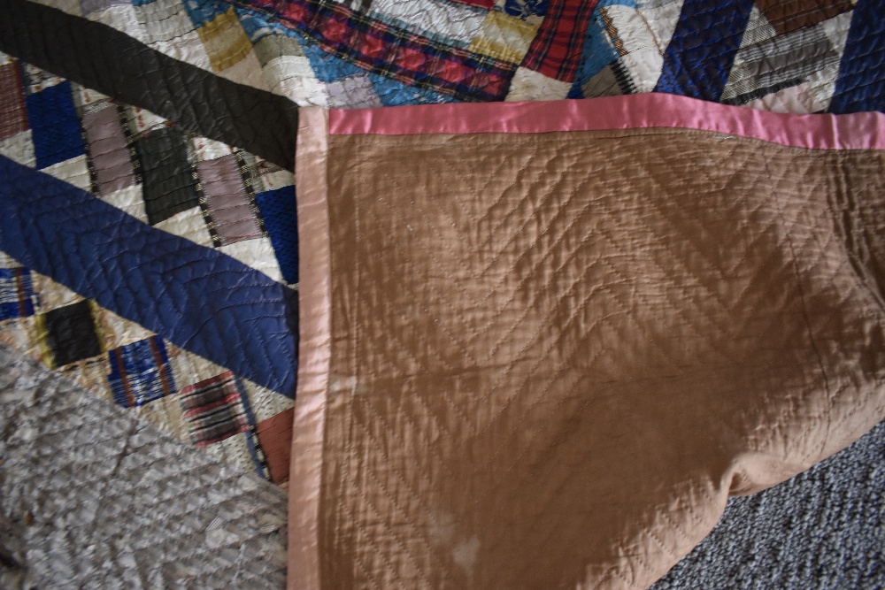 A Victorian silk quilt, having chevron cotton reverse in coffee coloured cotton, edges are - Image 7 of 7