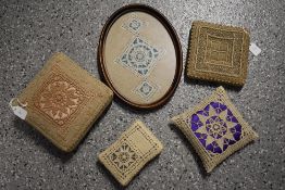 A selection of vintage Ruskin lace bookmarks and pin cushions etc.