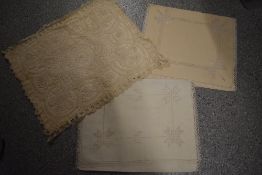 Three antique linen nightdress cases with lace work, ladder work and embroidery.