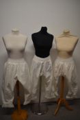 Three pairs of Victorian split leg bloomers, two pairs identical and one with a slight variation