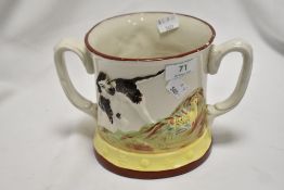A 19th Century Staffordshire Ware loving cup frog mug, decorated in relief with a hunting scene,