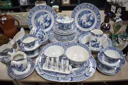 A collection of blue and white ware 'Yuan' Wood and sons, England, including jugs, cups and saucers,
