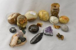 A mixed lot of natural stone curios and whimises etc, including a piece of amethyst, carved