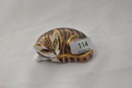 A Royal Crown Derby kitten paperweight having silver stopper.