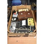 A selection of vintage electrical testing equipment, galvanometer, rectifier unit, range doubler,