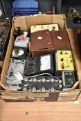 A selection of vintage electrical testing equipment, galvanometer, rectifier unit, range doubler,