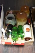 A miscellany of vintage items, to include; earthen ware storage jars and hot water bottle, flat
