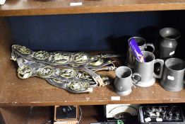 Four 19th Century and other pewter tankards, plus a vase of similar design