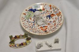 A mixed lot of Derby ceramics, including plate in the Imari pallet, floral ornament with crossed