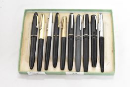 A tray of vintage fountain pens, by Conway Stewart, Platignum, Osmiroid, Sheaffer, and Evergood