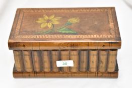 A 20th Century walnut puzzle box, Sorrento style, with hand painted floral decoration to the top,