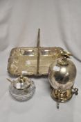 A Victorian silver plated egg coddler, a foliate handled tray of similar age, and a cut glass
