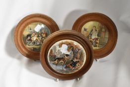 Three framed Pratt ware paste pot lids, to include 'The Times', scene with boy and dog with toy boat