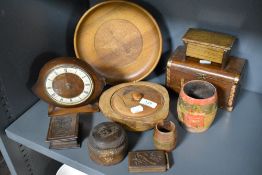 An assortment of vintage and antique treen, including stamp box with carved floral decoration