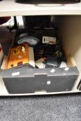 A box of electrical testing equipment, including Uni lab power unit, Eurosonic power supply,