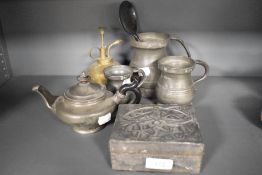 A selection of pewter ware, to include; embossed 19th century trinket box, pint tankard, half pint