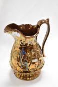 A 19th Century copper lustre jug, hand painted and relief moulded, titled 'Punch', and measuring