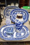 Three blue and white willow pattern ashettes or meat plates, sold along with a Royal Doulton