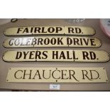 A group of four enamelled metal post office sorting signs 'Chaucer Rd', 'Dyers Hall Rd' 'Colebrook