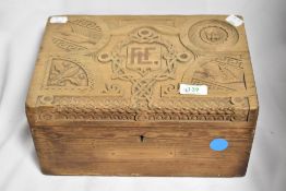 H.M.W Balaena interest* An interesting early 20th century carved pine box, of hinged rectangular