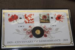 GB 2019 CENTENARY OF REMEMBRANCE NUMISMATIC COVER WITH 1gm GOLD COIN
