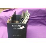 BOX WITH ASSORTMENT OF STAMP COLLECTIONS IN STOCKBOOK, FOLDERS ETC Box with half full modern