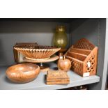 A collection of wooden items, comprising; micro mosaic box, turned bowl and apple, letter rack and
