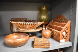 A collection of wooden items, comprising; micro mosaic box, turned bowl and apple, letter rack and