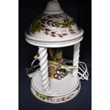 A mid century Derek Fowler lamp base, in the form of a garden pagoda with birds to centre.