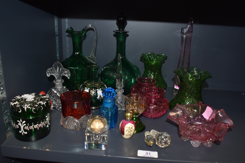 An assorted collection of Victorian and other glassware, some enamelled, and also including scent