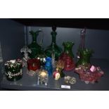 An assorted collection of Victorian and other glassware, some enamelled, and also including scent