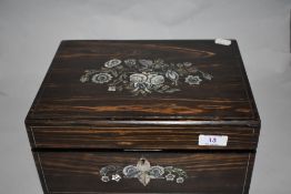 A Victorian coromandel jewellery box, with foliate mother of pearl inlay, and opening to reveal a