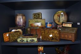An assorted collection of novelty enamelled tins, to include a Rowntrees Art Nouveau style tin, an