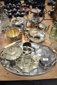 A collection of plated ware and similar, including teapots, ladle, sardine dish, jug, tray etc.