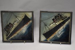 Two vintage Cunard Liner illustrated glass tiles, featuring Lusitania and Mauritania, measuring 18cm