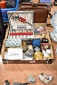 A miscellany of vintage and antique items, to include boxed spoons, travel clock, gold tone