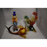 Three Art Glass Murano ornaments, to comprise a clown, cockerel, and a fish, the largest measuring