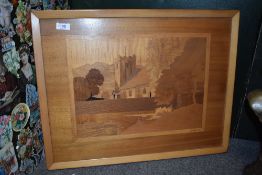 T.Leslie Hawkes, an inlaid wood plaque depicting Grasmere church, signed to the lower right, 45cm