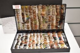A box containing approximately 320 Hand tied flies to old patterns mixed nymph doubles, winged trout