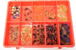 A box of fishing flies containing approximately 220 flies. Mixed Pennels, Zulu, Priest, Early olive,