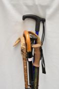 An assortment of six walking sticks two of which have wooden shafts and horn handles approximately