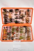 A pocket box containing approx 150 fishing flies. Mixed prince nymphs Montanas, Red spiders and