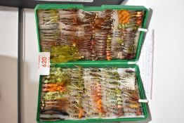 A Pocket box of expertly hand tied fishing fly's Mixed Prince nymphs, Damsel Gold heads and mixed