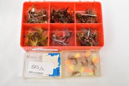 Two pocket boxes of fishing flies containing approximately 75 flies. Special Prince nymph and hi-vis