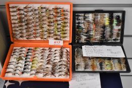 Two boxes of Hand tied fishing flies contianing approximately 330 Nymphs, Pupas, Red spinners< Black