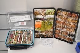 Two pocket boxes of hand tied fly's Nymphs, Pupas and Montanas. Approximately 470 in total